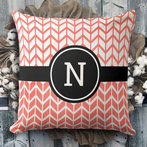 Orange White Chevron Pattern Monogram Bold Modern Throw Pillow