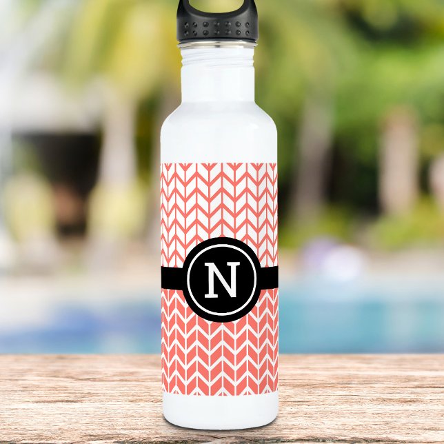 Orange White Chevron Pattern Monogram Modern Bold  Stainless Steel Water Bottle (Creator Uploaded)