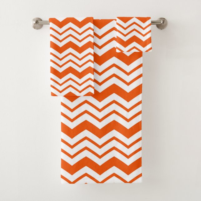 Orange White Chevron Zigzag Pattern Design  Bath Towel Set (Insitu)