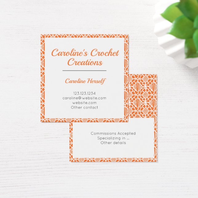 Orange & White Crochet Lace Pattern Business Card (Desk)