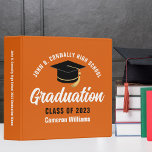Orange White Custom 2025 Graduation Photo Album 3 Ring Binder<br><div class="desc">This modern orange and white custom senior graduation photo album features your high school or college name for the class of 2025. Customize with your graduating year under the chic handwritten script and black grad cap for a great personalized graduate binder keepsake gift. Fill with your photos or memorabilia.</div>