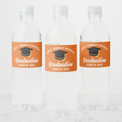 Orange White Custom School 2024 Graduation Party Water Bottle Label