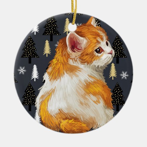 ORANGE  WHITE CYMRIC KITTEN WITH TREES CERAMIC ORNAMENT