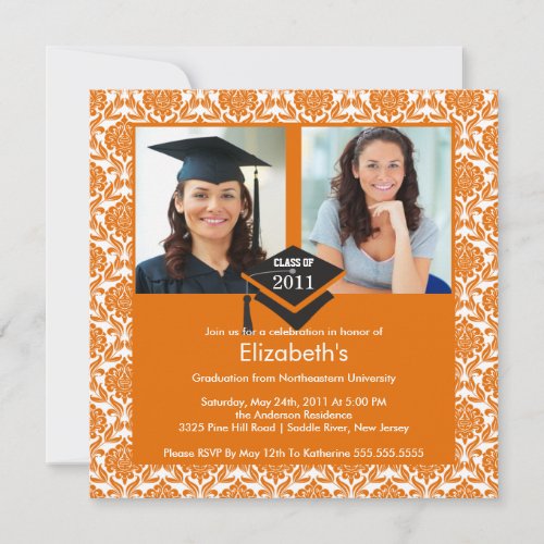 Orange  White Damask Photo Graduation Invitation