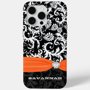 Orange & White Damask Printed Faux Rhinestone iPhone 15 Pro Max Case