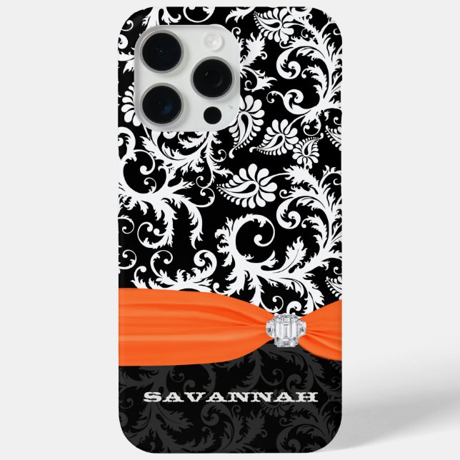 Orange &  White Damask Printed Faux Rhinestone Case-Mate iPhone Case (Back)