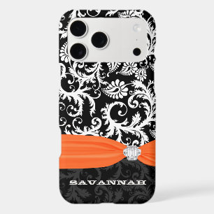 Orange & White Damask Printed Faux Rhinestone iPhone 17 Pro Max Case
