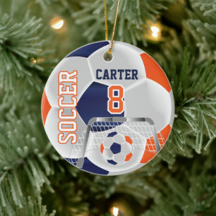 Orange, White & Dark Blue Personalize Soccer ⚽ Ceramic Ornament