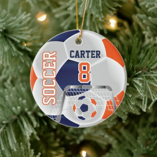 Orange, White &amp; Dark Blue Personalize Soccer  ⚽ Ceramic Ornament