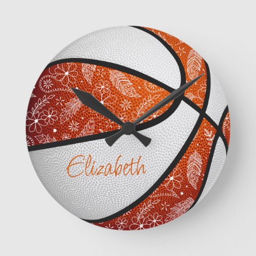 orange white feather paisley doodles basketball round clock