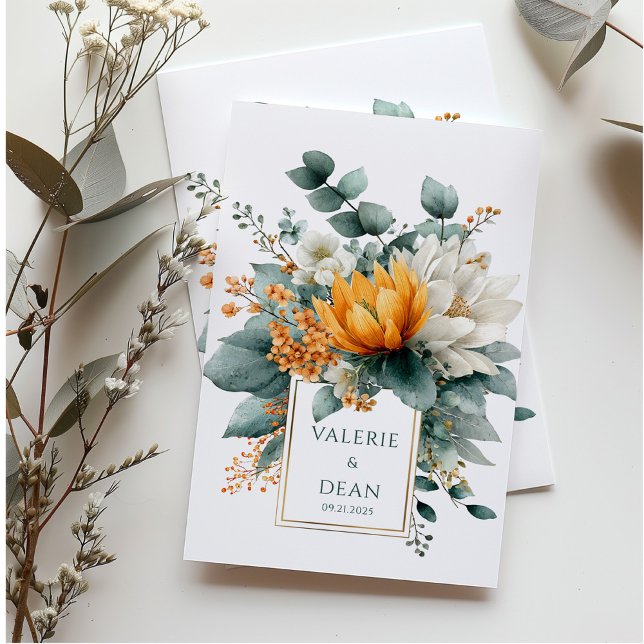 Orange White Floral Eucalyptus Gold Frame Invitation (Creator Uploaded)