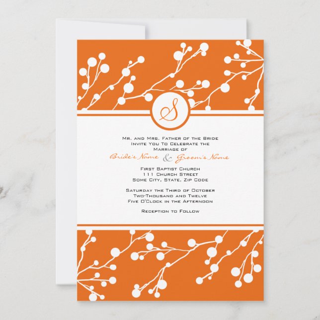 Orange, White Floral Monogram Wedding Invitation (Front)
