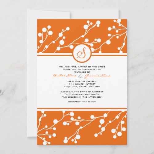 Orange, White Floral Monogram Wedding Invitation