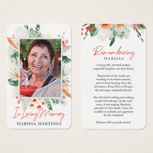 Orange White Floral Photo Funeral Prayer Cards