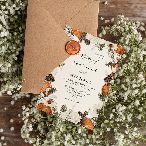Orange  White Floral Rustic Wedding Invitation