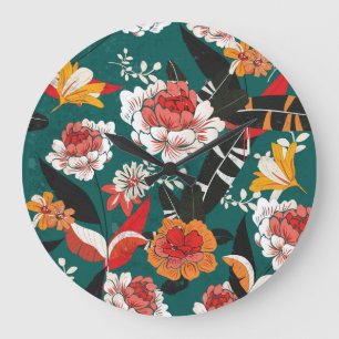 Orange-white floral: vintage seamless illustration large clock