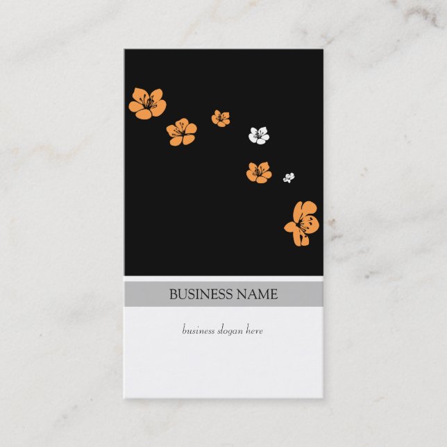 Orange White Flowers Elegant Black White Business Card (Front)
