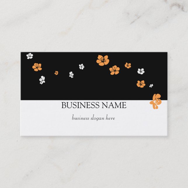 Orange White Flowers Elegant Black White Business Card (Front)