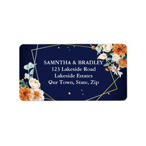 Orange white flowers navy blue  label