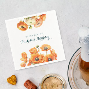 Orange White Garden Floral Birthday Party Napkins