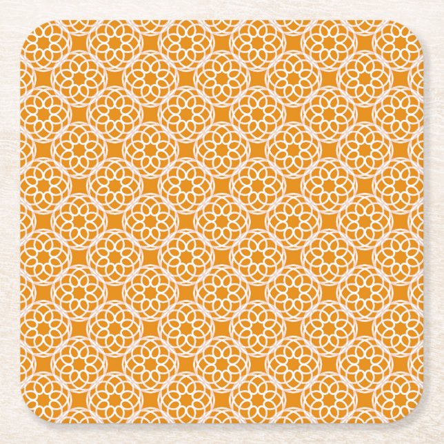 Orange White Geometric Seamless Pattern Square Paper Coaster (Front)