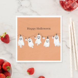 Orange White Ghosts Light Bulbs Halloween Napkins