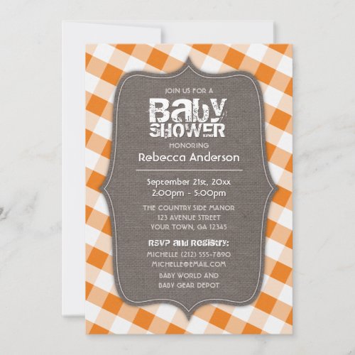 Orange  White Gingham Canvas Baby Shower Invitation