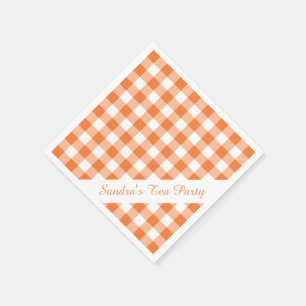 Orange White Gingham Pattern Personalized Party Paper Napkins