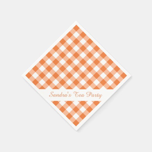 Orange White Gingham Pattern Personalized Party Paper Napkins