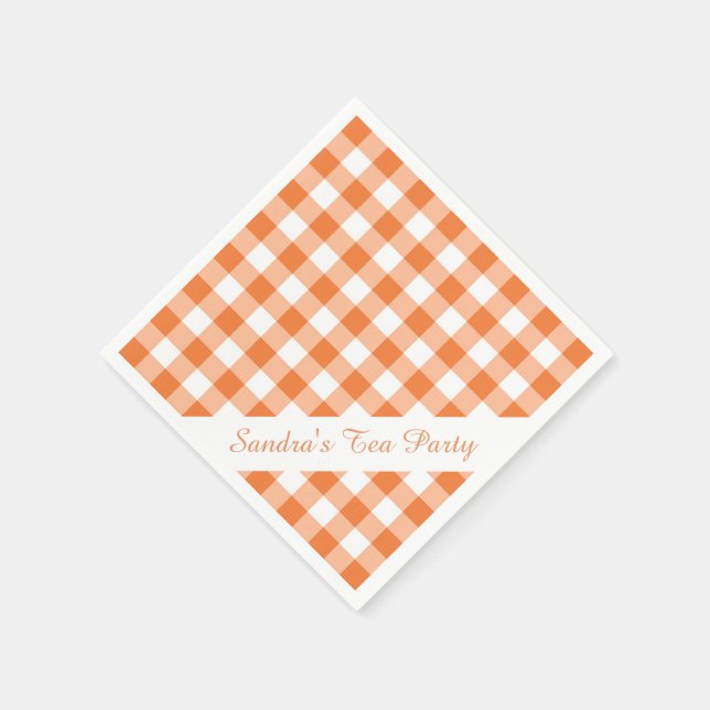 Orange White Gingham Pattern Personalized Party Paper Napkins (Corner)