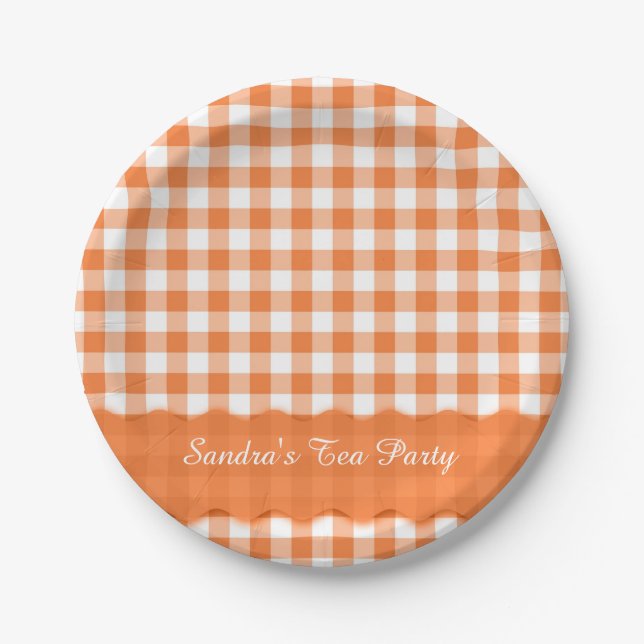 Orange White Gingham Pattern Personalized Party Paper Plates (Front)