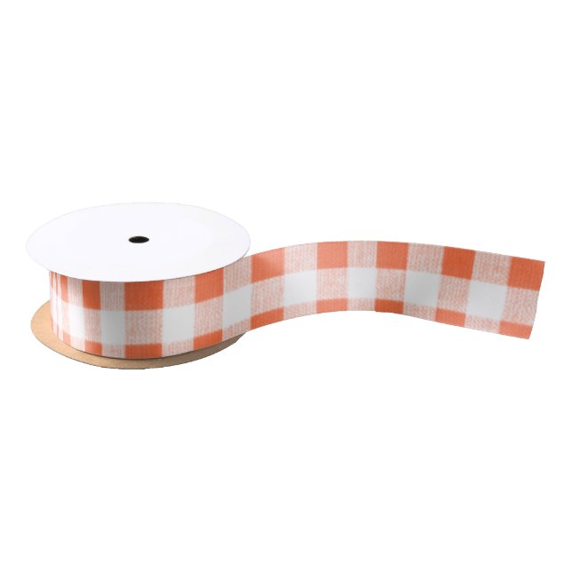 Orange White Gingham Pattern Satin Ribbon (Spool)