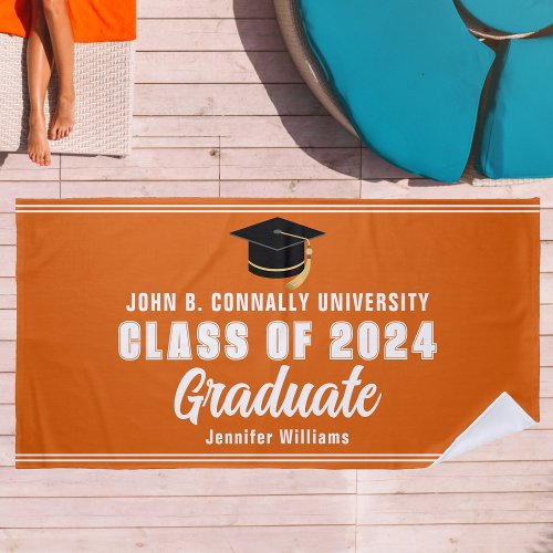 Orange White Graduate 2024 Graduation Keepsake Beach Towel