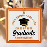 Orange White Graduate 2024 Personalized Christmas Ceramic Ornament<br><div class="desc">This modern orange and white custom graduate Christmas ornament feature classy typography of your university or college name for the class of 2024. Customize with your graduating year next to the chic handwritten script and black grad cap for a great personalized congratulations graduation gift.</div>
