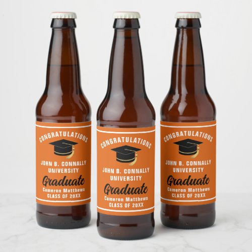 Orange White Graduate Custom 2024 Graduation Party Beer Bottle Label