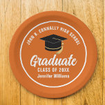 Orange White Graduate Custom 2024 Graduation Party Paper Plates<br><div class="desc">This modern orange and white custom graduation party paper plate features classy typography of your high school or college name for the class of 2024. Customize with your graduating year under the chic handwritten script and black grad cap for great personalized graduate decor.</div>