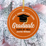 Orange White Graduate Custom 2025 Graduation Ceramic Ornament<br><div class="desc">This modern orange and white custom senior graduate Christmas ornament features your high school or college name for the class of 2025. Customize with your graduating year under the chic handwritten script and black grad cap for a great personalized graduation gift.</div>