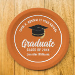Orange White Graduate Custom 2025 Graduation Party Paper Plates<br><div class="desc">This modern orange and white custom graduation party paper plate features classy typography of your high school or college name for the class of 2025. Customize with your graduating year under the chic handwritten script and black grad cap for great personalized graduate decor.</div>