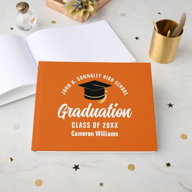 Orange White Graduate Customized Graduation Party Guest Book (Front Open)