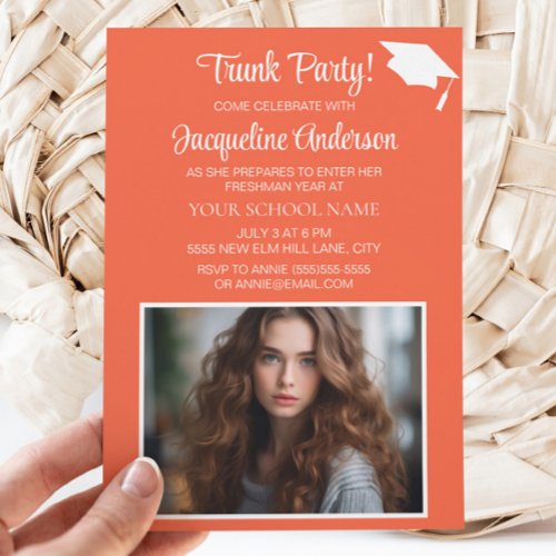 Orange White Graduation Cap Trunk Party Photo Invitation