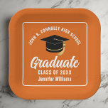 Orange White Graduation Party Square Paper Plates<br><div class="desc">This modern orange and white custom graduation party paper plate features classy typography of your high school or college name for the class of 2025. Customize with your graduating year under the chic handwritten script and black grad cap for great personalized graduate decor.</div>
