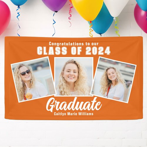 Orange White Graduation Photo Collage 2024 Party Banner