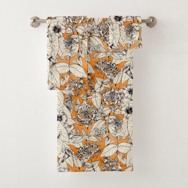 Orange White Graphic Flowers Pattern Bath Towel Set (Insitu)