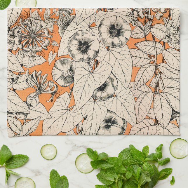 Orange White Graphic Flowers Pattern Kitchen Towel (Folded)