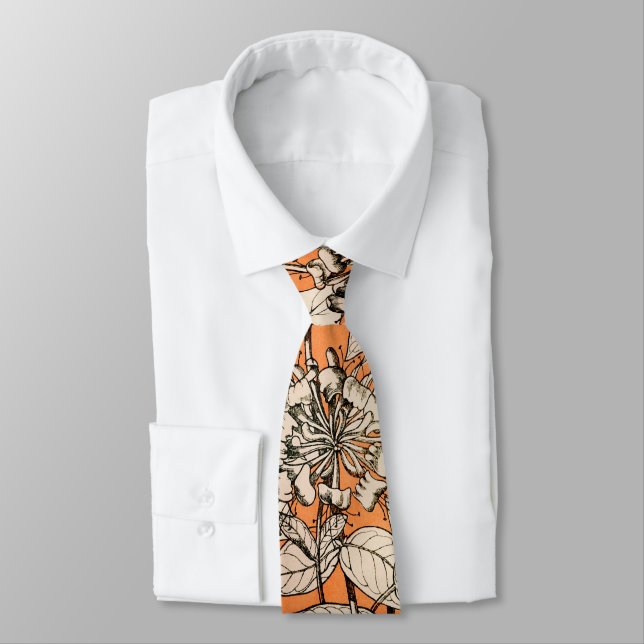 Orange White Graphic Flowers Pattern Neck Tie (Tied)