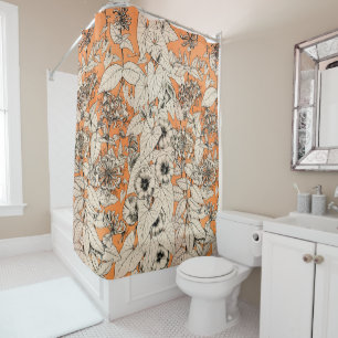 Orange White Graphic Flowers Pattern Shower Curtain