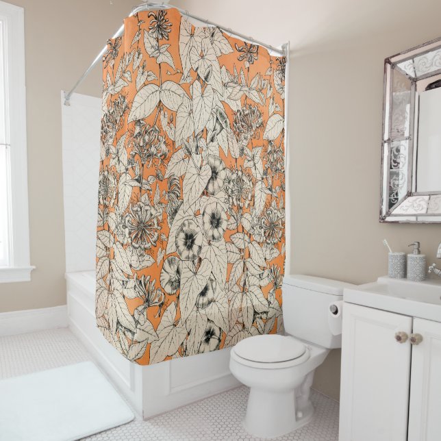 Orange White Graphic Flowers Pattern Shower Curtain (In Situ)