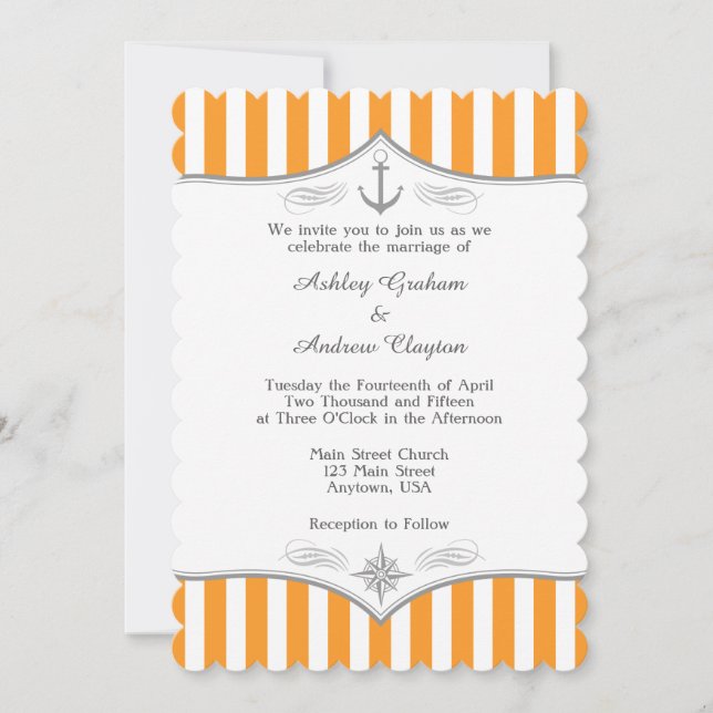 Orange White Gray Nautical Wedding Invitation (Front)