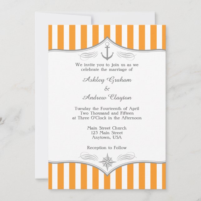 Orange White Gray Nautical Wedding Invitation (Front)