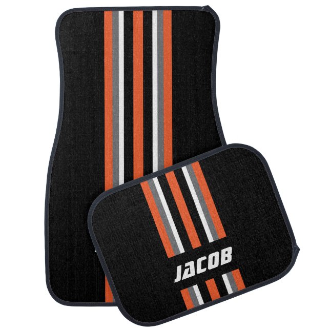 Orange, White, Gray Race Stripes on Black Car Mat (Set)
